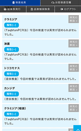 各性病の項目には、陽性or陰性、そして詳細報告があります。 右上には【性病の詳細な解説】のボタンがあります。